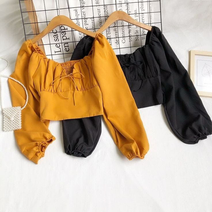 Long Puff Sleeve Square Collar Crop Top